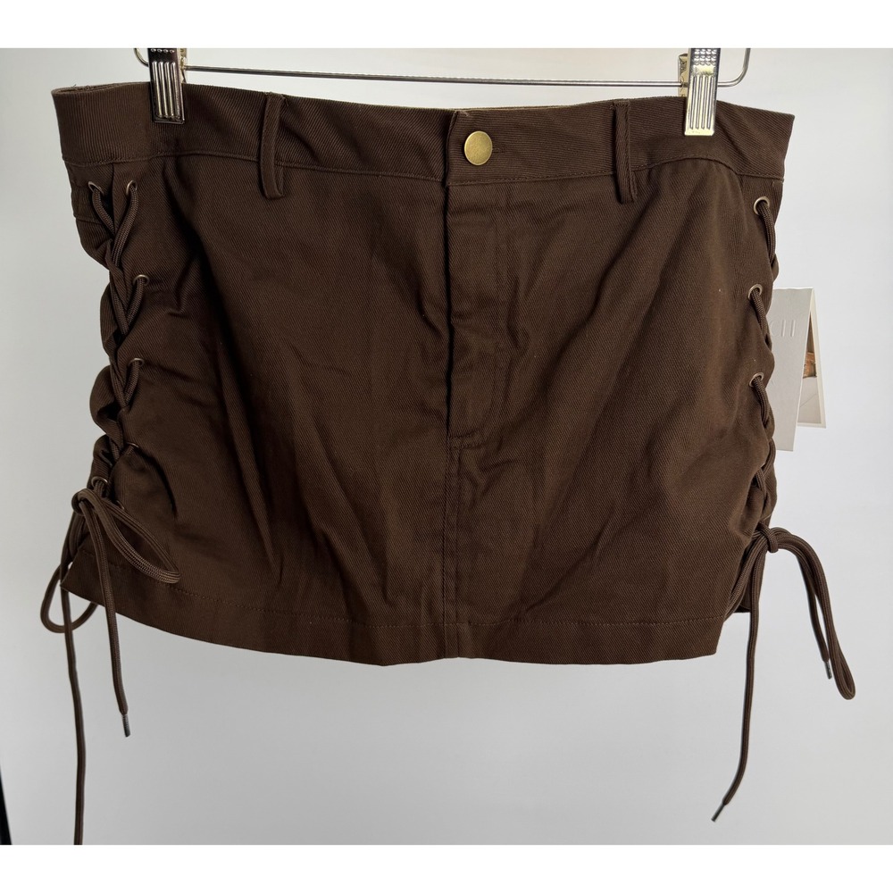 Peach Brown Lace Up Side Mini Skort Women Large Twill Skirt Shorts Utility